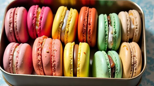 Colorful macarons arranged in a metal tin on a patterned surface  