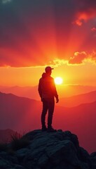 Backlit figure soaring against fiery sunset hues, energy, health