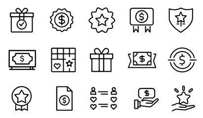 Benefit, offer and reward editable stroke outline icons set isolated flat illustration on white background 
