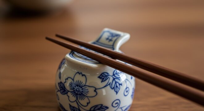 箸置きに置かれた箸のクローズアップ