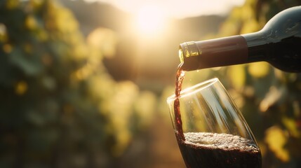 Red wine pouring into a glass, capturing the rich essence of indulgence.	