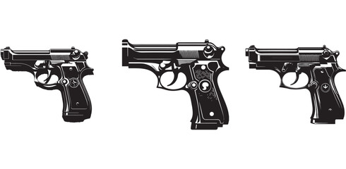 Black and White Vector Illustrations of Modern Guns – Handgun, Assault Rifle, and Tactical Weapon Design for Military Graphics, Gaming Art, and Educational Use.