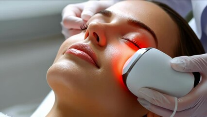 Red light therapy rejuvenates facial skin. Close up.