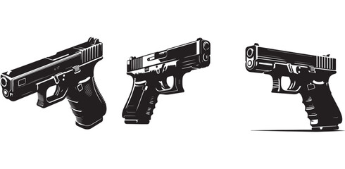 Black and White Vector Illustrations of Modern Guns – Handgun, Assault Rifle, and Tactical Weapon Design for Military Graphics, Gaming Art, and Educational Use.