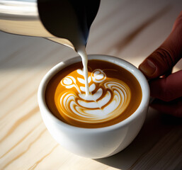 Closeup of making coffee and pouring milk