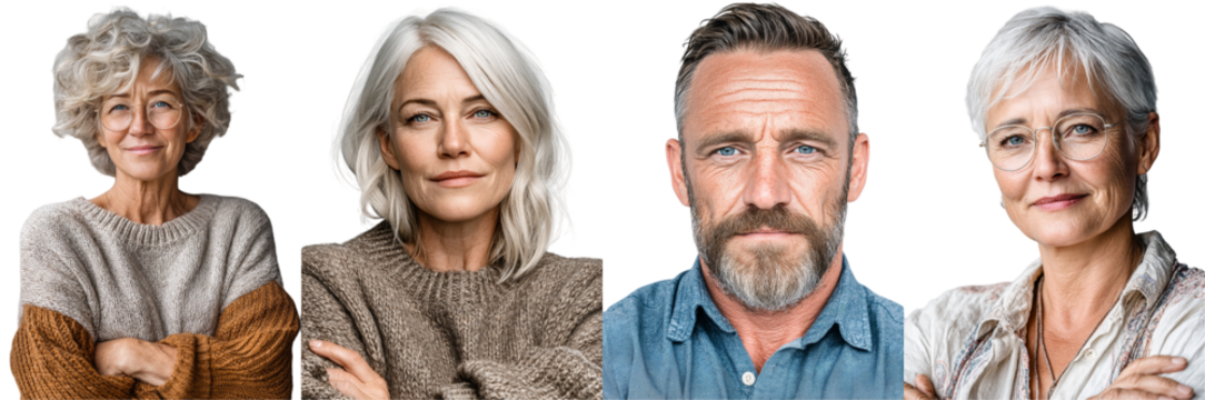 Diverse Portraits of Happy Adults at Different Ages with Unique Hairstyles and Expressions