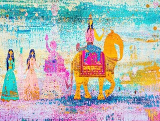 Colorful procession of figures on an elephant