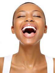 A woman with her mouth open in mid-laugh, medium closeup, isolate on white background