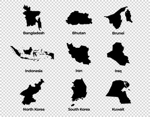 Map shape collection transparent background country map of Bangladesh Bhutan Brunei Indonesia Iran Iraq North Korea South Korea Kuwait