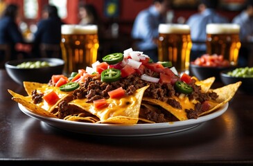 delicious plate of loaded nachos with toppings served in a lively bar
