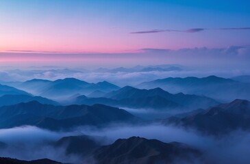 majestic mountain landscape with misty clouds and dramatic sunset colors