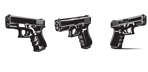 Black and White Vector Illustrations of Modern Guns – Handgun, Assault Rifle, and Tactical Weapon Design for Military Graphics, Gaming Art, and Educational Use.