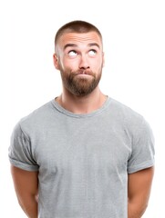 Obraz premium A man looking up with a sense of wonder, medium closeup, isolate on white background