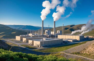 industrial power plant surrounded by lush hills and clear skies