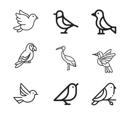 Line art shows nine unique bird icons with different shapes and poses on a white background
