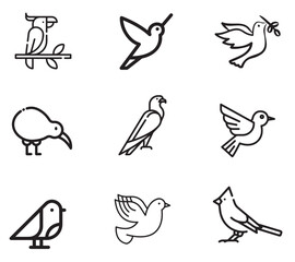 Nine bird icons in a grid a parrot hummingbird dove kiwi eagle finch robin swallow and cardinal