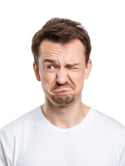 A man looking down with a slight frown, medium closeup, isolate on white background