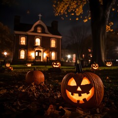 Obraz premium Illuminated pumpkins adorn a yard at night, in front of a historic house.