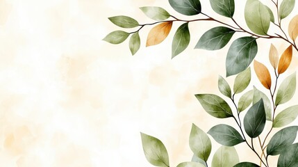 Watercolor Green and Orange Leaves on Beige Background