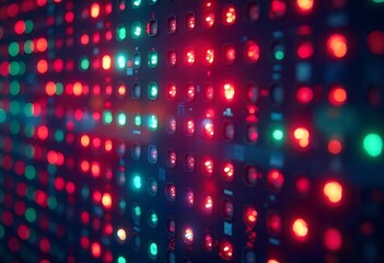 Close-up digital LED panel texture with RGB dots and pixelated grid. Modern abstract background for technology, screen design, data visuals, AI art, or vibrant displays.

