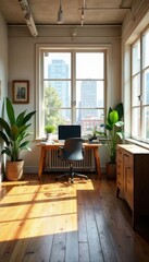 Bright airy loft office, natural light floods space, bright, energy