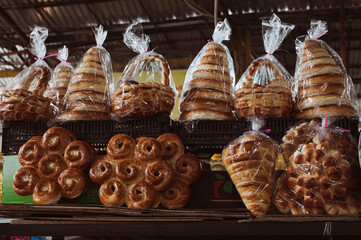 Traditional bread in Central Asia tandyrnaya pellet sold in the market.