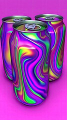 Colorful soda cans on purple background