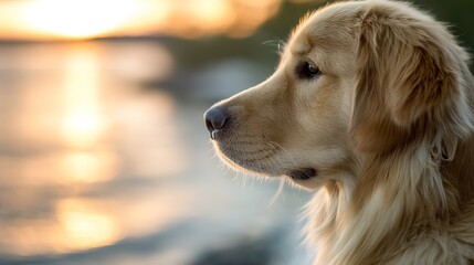 Golden retriever strolling in sunset light, side profile with soft fur, warm glow. Peaceful moment of canine grace.	