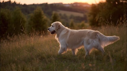 Golden retriever strolling in sunset light, side profile with soft fur, warm glow. Peaceful moment of canine grace.	