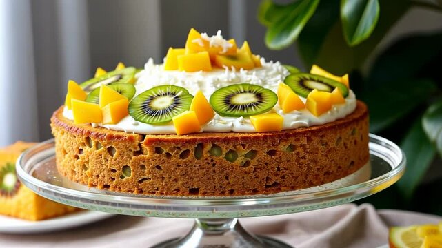 Fresh mango and kiwi cake topped with coconut on a glass stand  