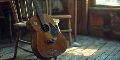Rustic Acoustic Guitar on Vintage Wooden Chair in Sunlit Room

