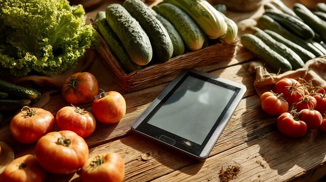 Fresh produce and digital device on rustic wooden surface