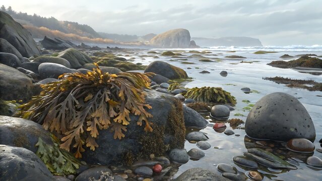 Coastal Landscape with Rocks Seaweed and Ocean Waves on a Foggy Day