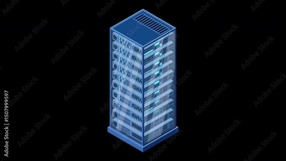Poster isometric server animation. network server room. 3d computer equipment. storage database. isometric 