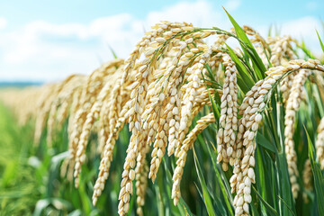 Golden rice plants with ripe grains growing in a lush green field under a clear sky.