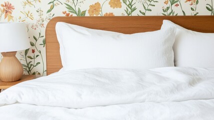Obraz premium Cozy vintage bedroom featuring light linen bedding in a warm atmosphere. Perfect for home decor inspiration.