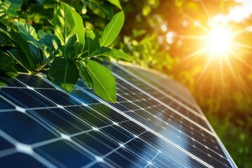 Close up of solar panel with green leaves and bright sunlight shining in the background outdoors