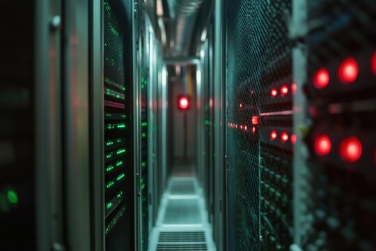 A narrow corridor lined with server racks displaying green and red lights in a data center setting