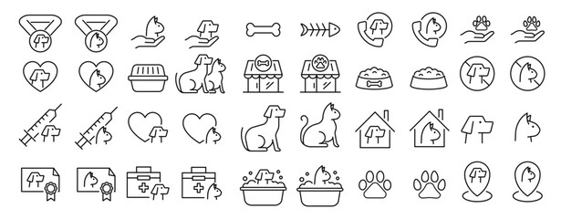 A collection of outline icons related to pets mainly dogs and cats with some supporting elements and symbols