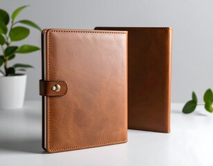 Two tan leather notebooks