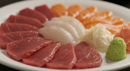 刺身盛り合わせ、マグロ、サーモン、タイの刺身の盛り合わせ