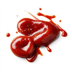 A vibrant splash of rich red ketchup on a white background for culinary imagery.