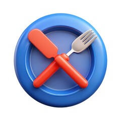 Fototapeta premium Fork and Knife with Red Handles Crossed on Blue Plate 3d icon in cartoon plastic style minimal isolated on transparent white background, clipping path