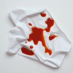 A vivid splash of sauce on a wrinkled white cloth, adding a dynamic culinary touch.