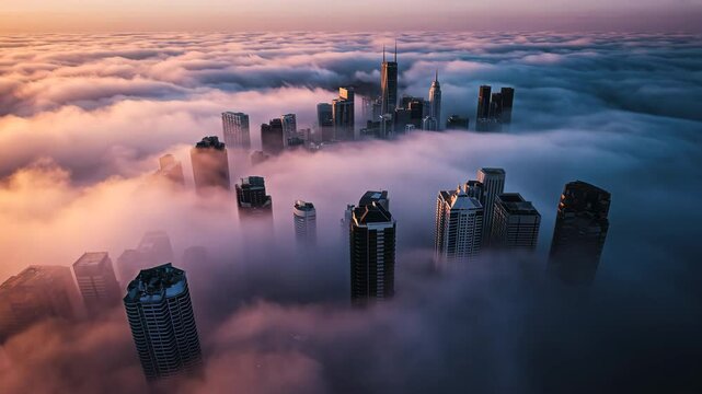Time-lapse of fog rolling into a city skyline, creating a mysterious and atmospheric scene. Captured in sharp 4K, perfect for urban, weather, and moody themes.