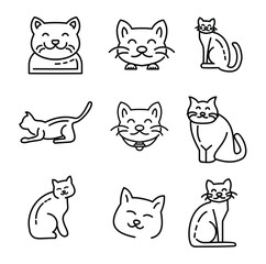 Set of nine cute cartoonstyle cat icons in black outline
