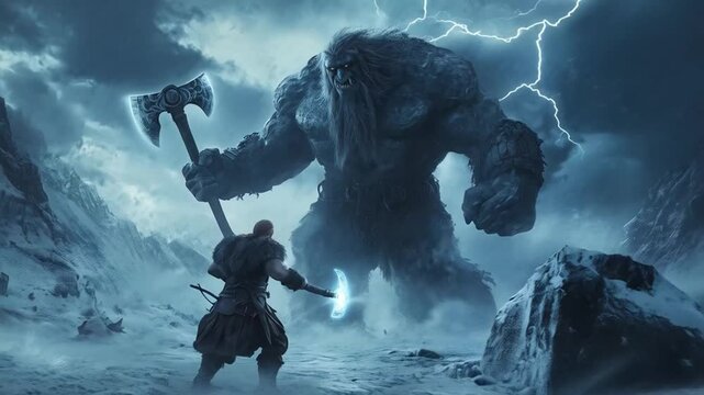 Warrior's last stand against towering ice titan in stormy battleground