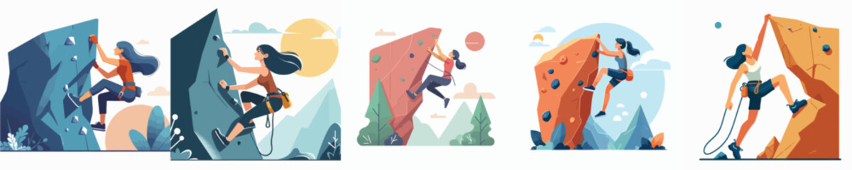 Fototapeta premium vector set of women rock climbing