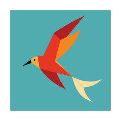 Colorful geometric illustration of a bird in flight against a teal background