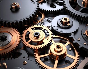 Intricate array of metallic gears, bronze and black, interlocked